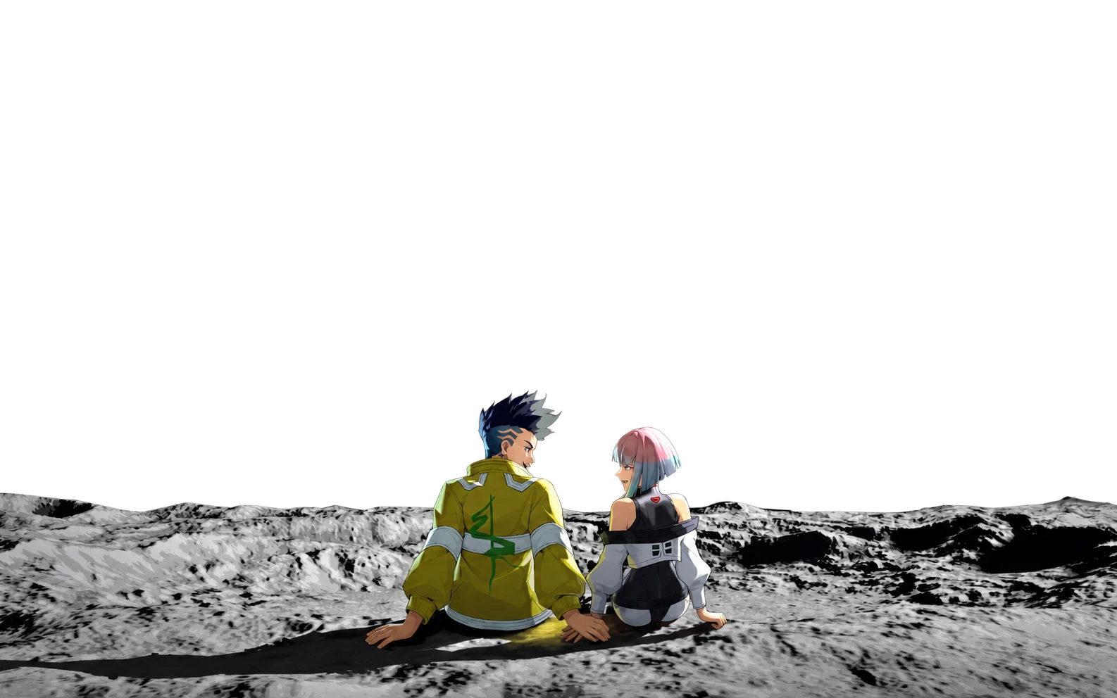 David and Lucy sitting together on the moon beneath a blue Earth
